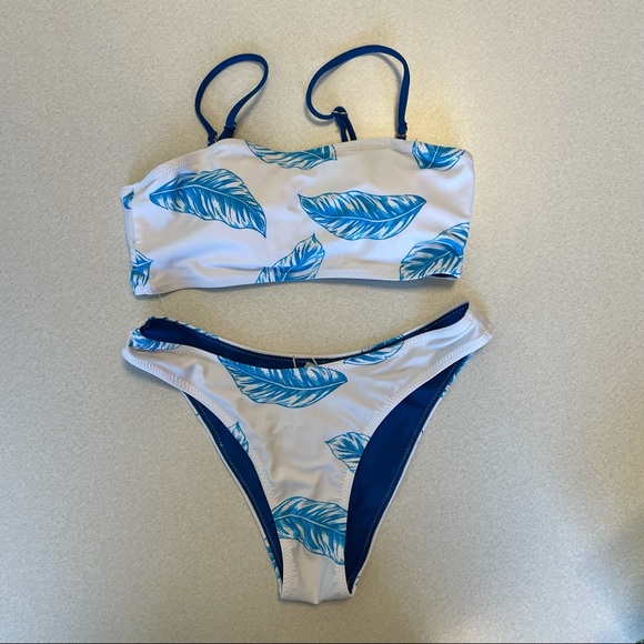 Cupshe Blue Feather Bandeau High Leg Bikini XS - Picture 13 of 13